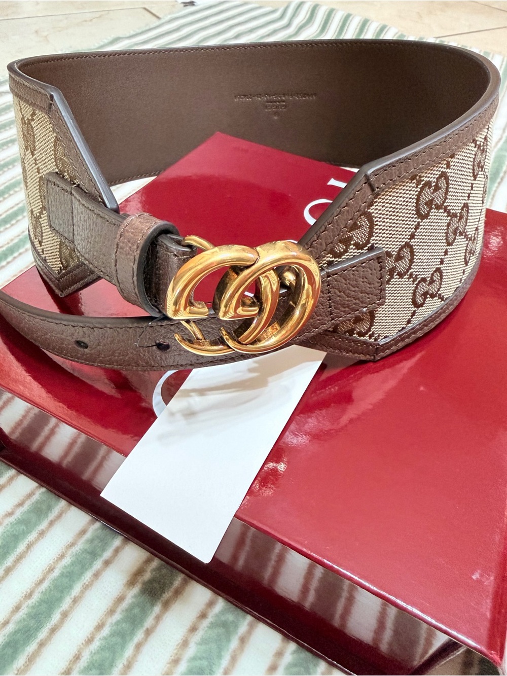 Gucci GG marmot Monogram Wide Belt Beige/ Ebony/Gold-tone with Double G Buckle